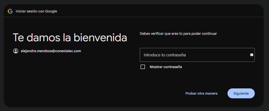 Formulario de Google solicitando la contrase&ntilde;a.
