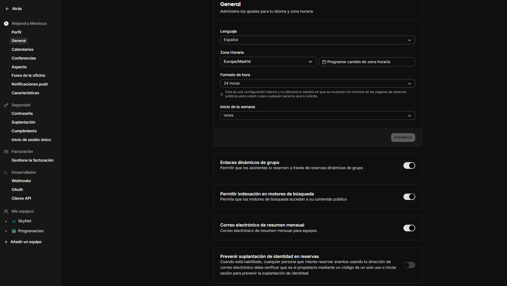 Formulario del perfil.