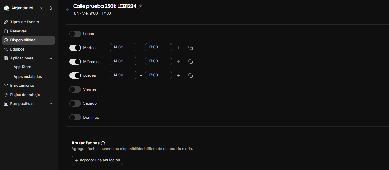 Configuraci&oacute;n basada en disponibilidad del propietario.