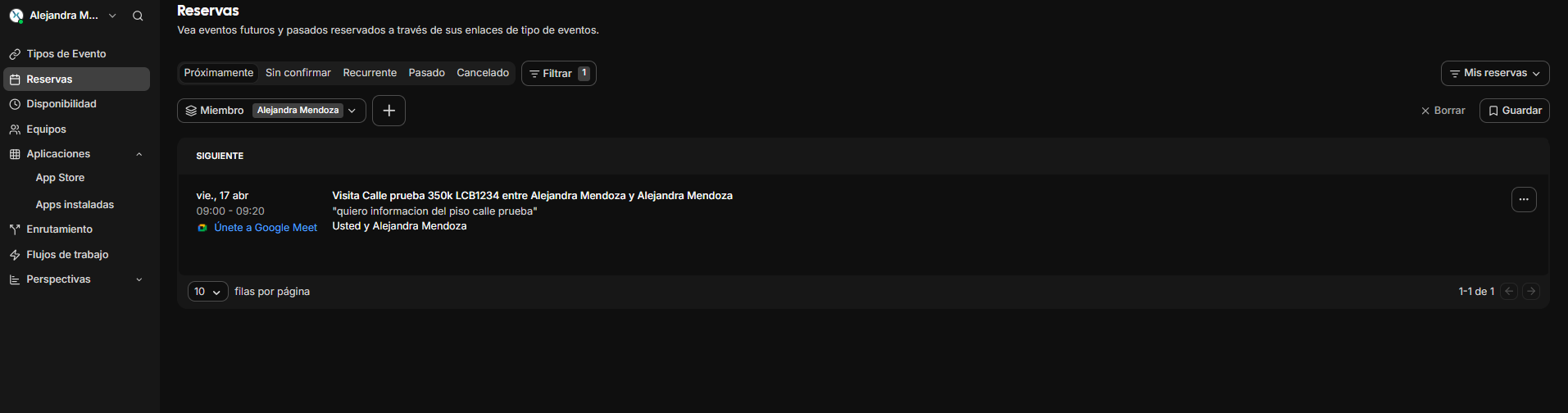 Detalle de la reserva.